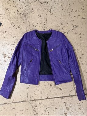 VINTAGE FROM JAPAN Vibrant Purple Women's Leather Moto Jacket - Sleek Zip Detail